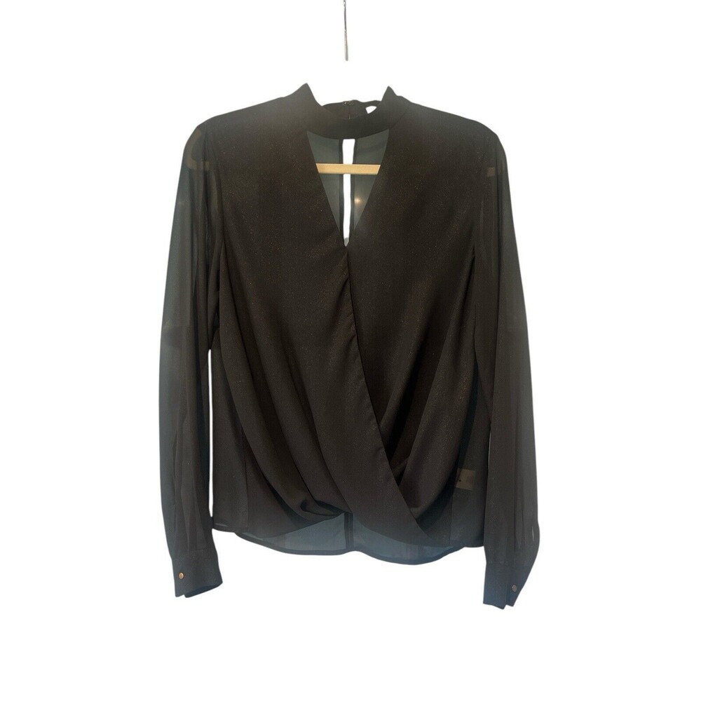 Abbeline Crocker Neck Black Shimmer Blouse High Low Hem Size Small Pit T…